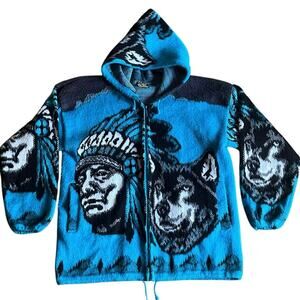 Vtg Tejidos Ruminahui Wolf Native American Wool Alpaca Zip Hoodie L Tribal Rare!